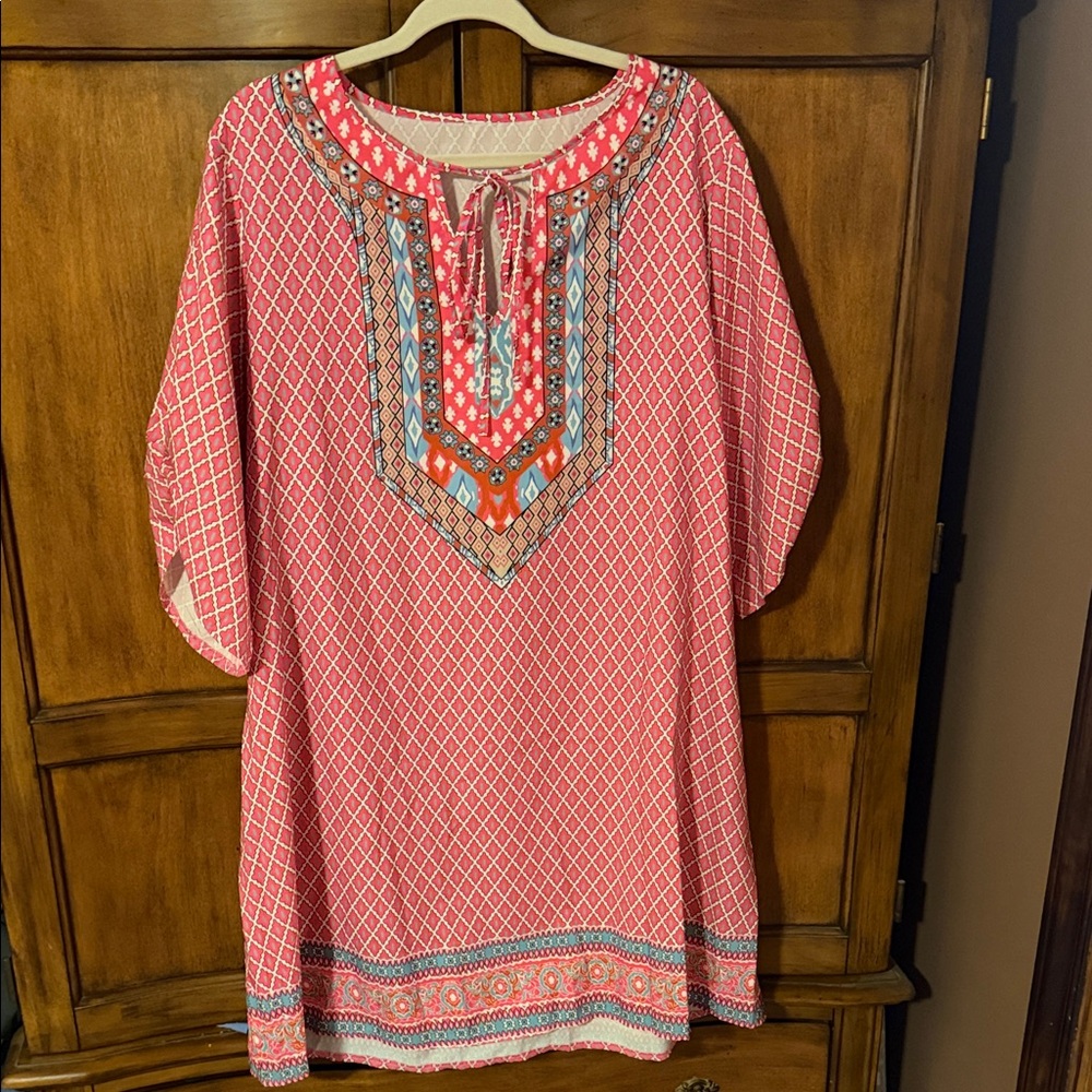 SHEIN Red and Blue Patterned Long Sleeve Dress